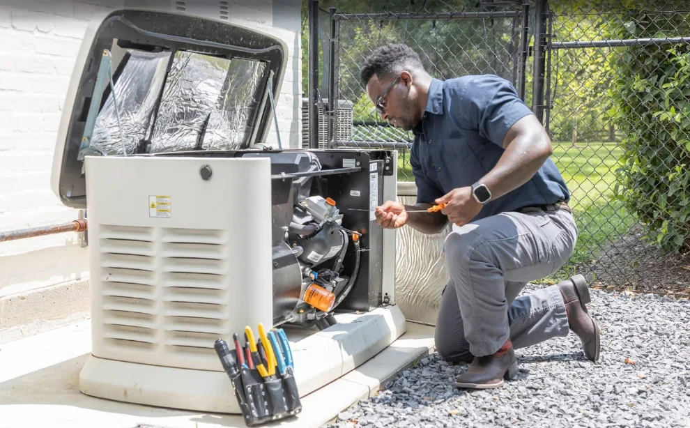 Technician diagnosing a generator on a service call