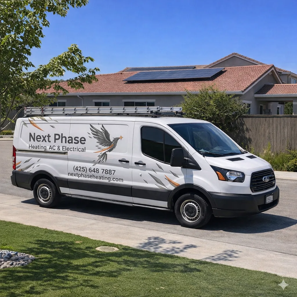 Next Phase Heating, Air Conditioning service van at a customer's home